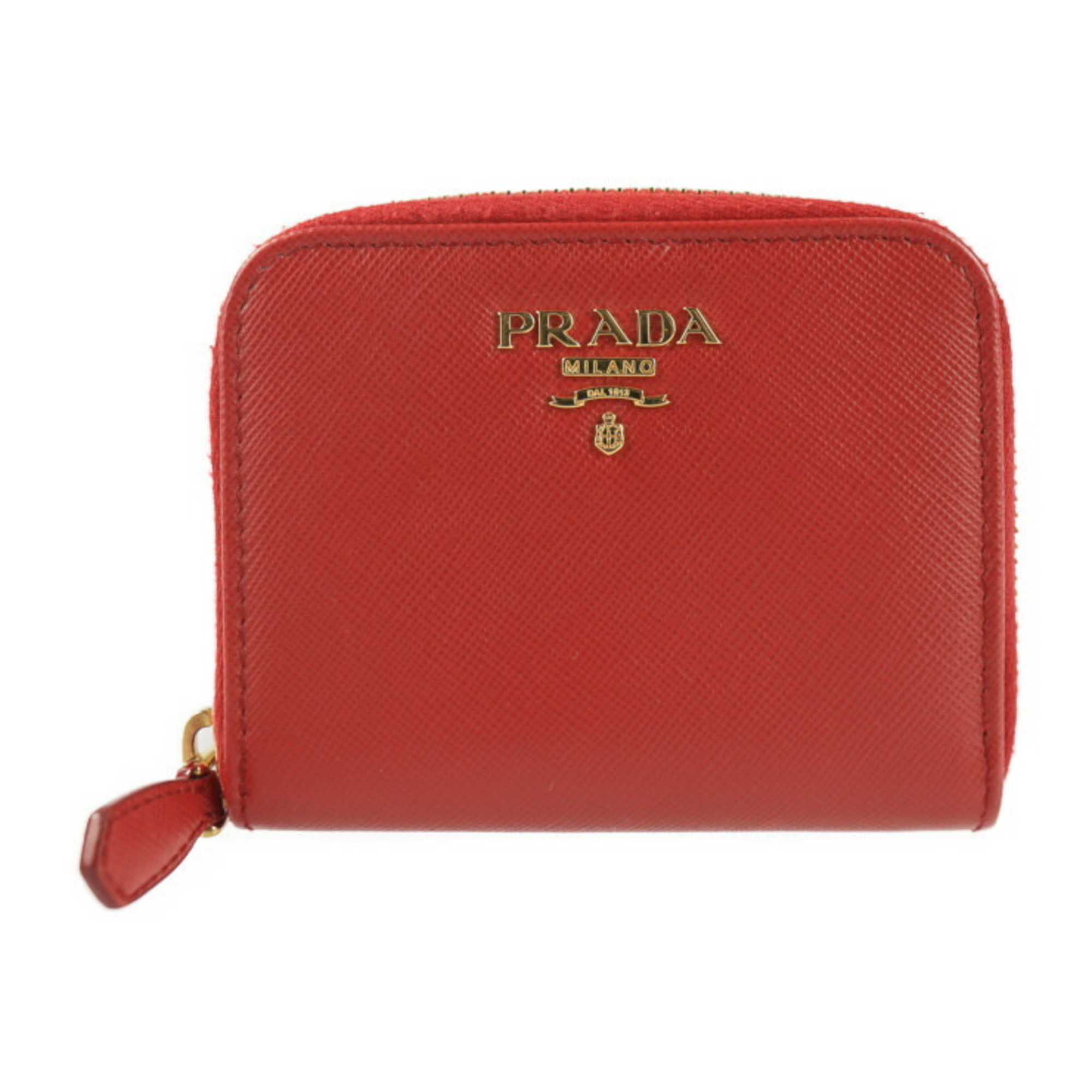 Prada Saffiano Coin Case 1m0268 Leather Red Gold Metal Fittings Round Fastener